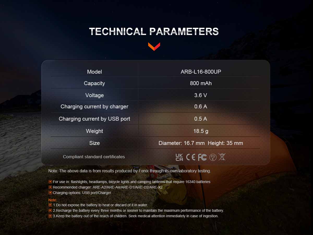 fenix arb-l16-800up rechargeable battery specs