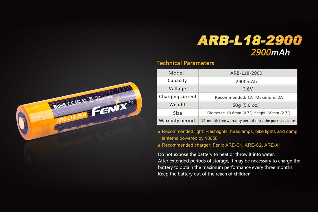 fenix arb-l18-2900 18650 rechargeable battery specs