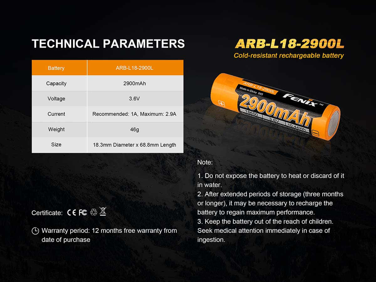 Fenix cold-resistant battery ARB-L18-2900L specifications