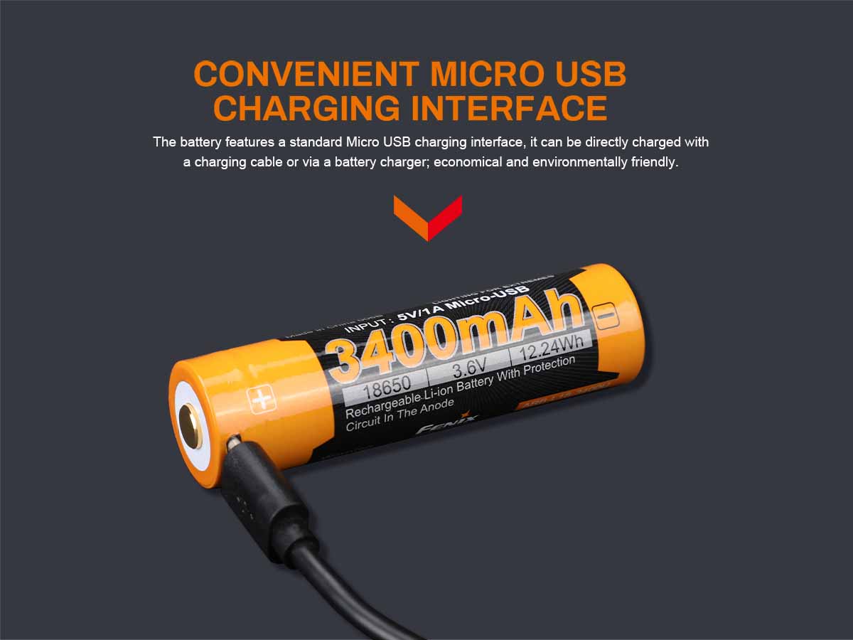 Fenix ARB-L18U 18650 akkumulátor, 3400 mAh, 3,6 V, USB, túlterhelés elleni védelem Fenix ARB-L18U 18650 akkumulátor, 3400 mAh, 3,6 V, USB, túlterhelés elleni védelem