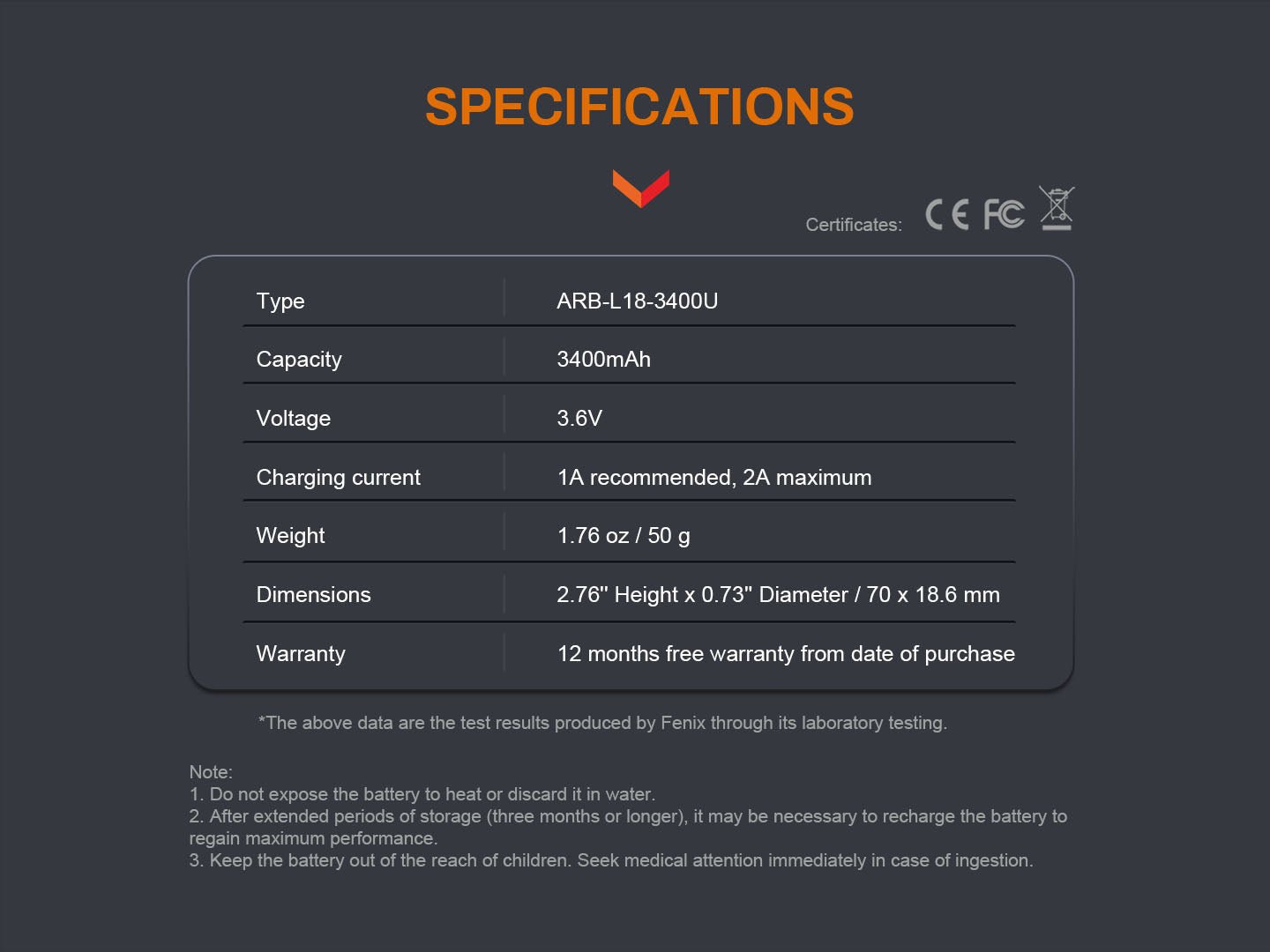 fenix arb-l18-3400u rechargeable battery specs