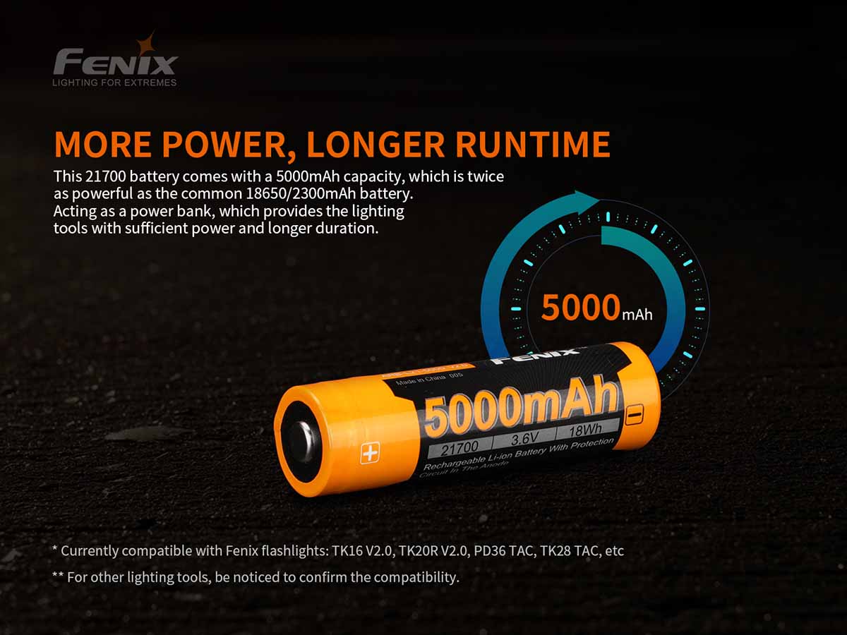 fenix flashlight 18650 rechargeable lithium ion battery Fenix ARB-L21-5000 V2 Rechargeable 21700 Rechargeable Battery