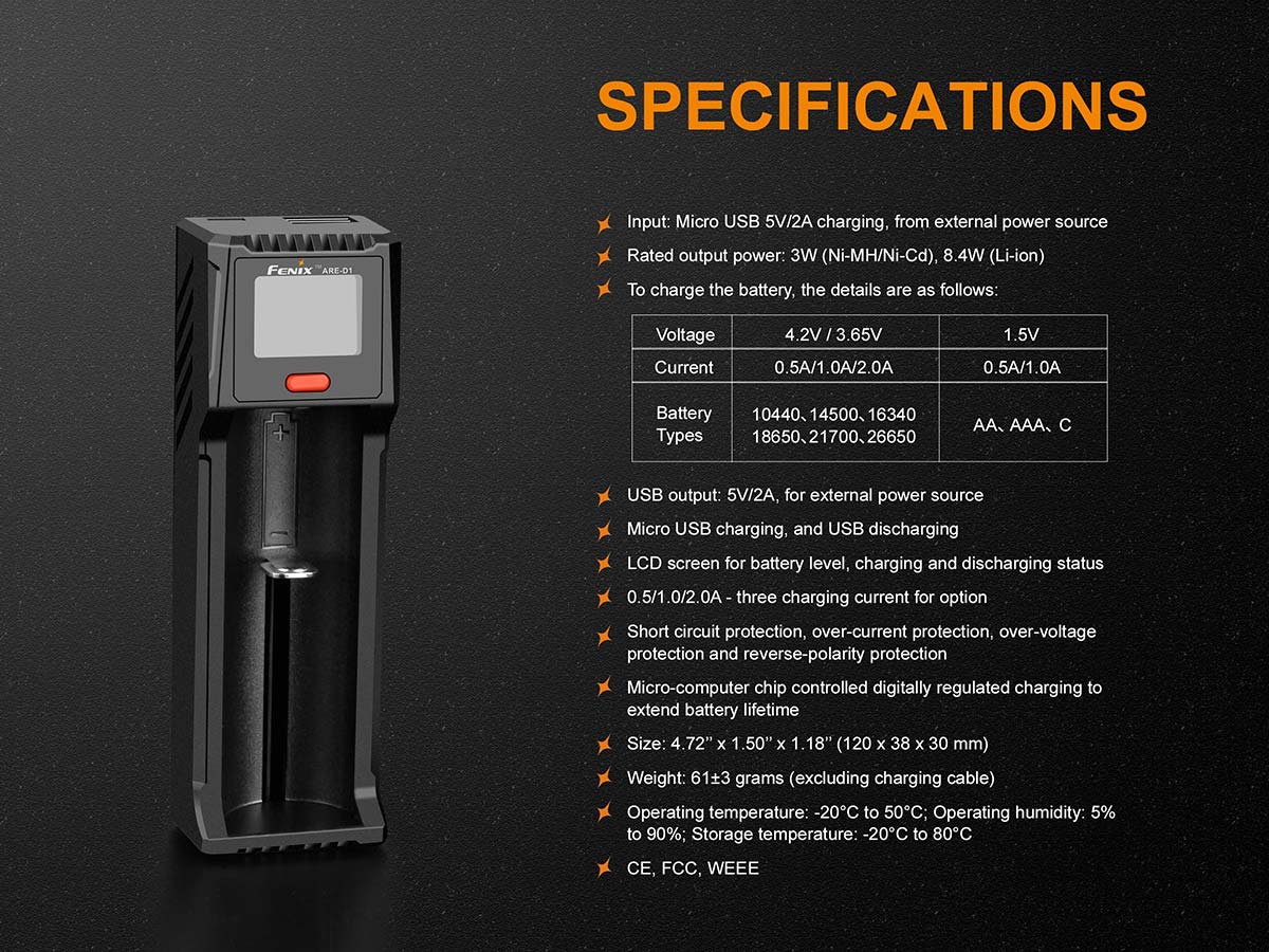 ARE-D1 Battery Charger specs