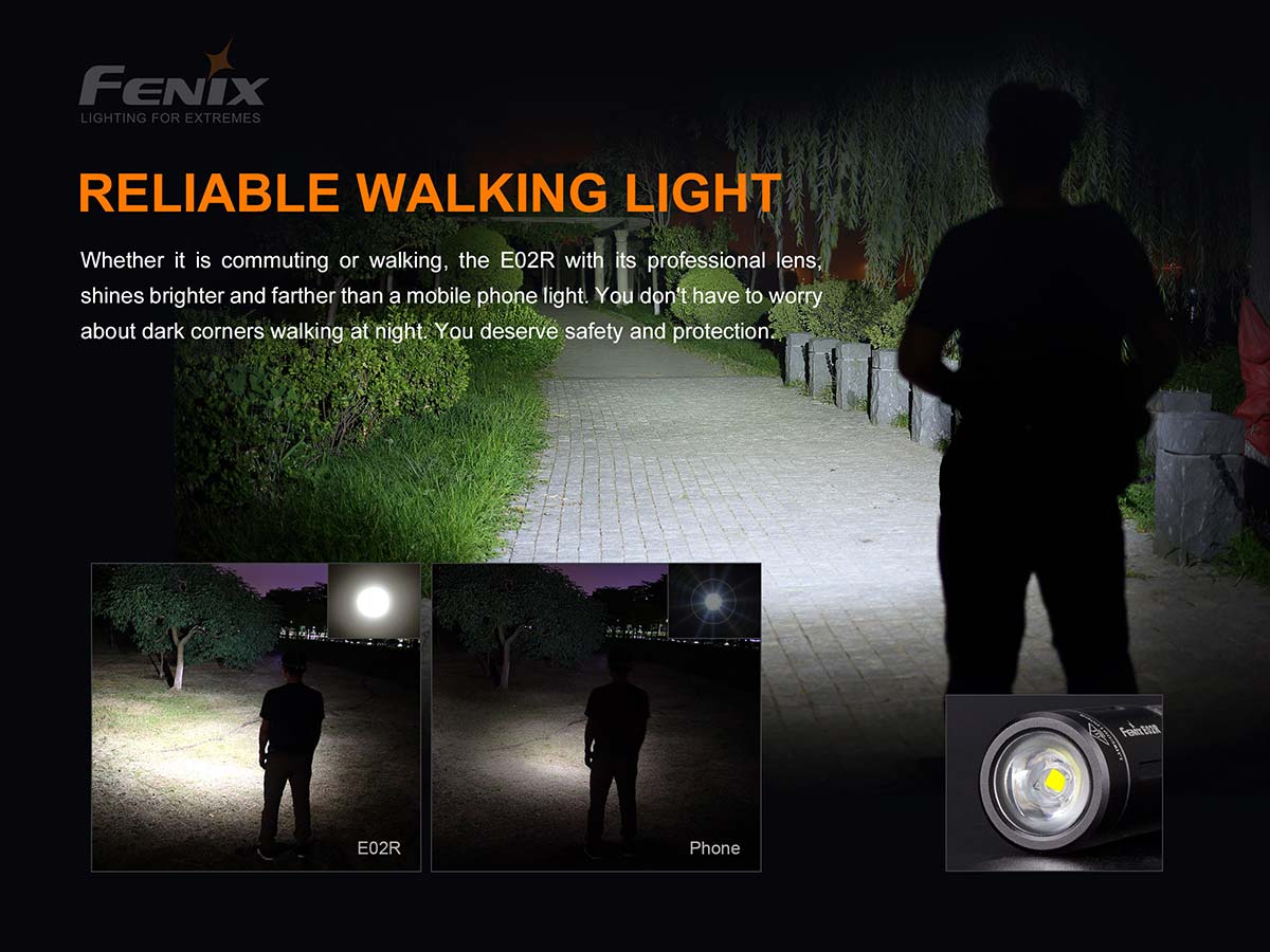 fenix e02r rechargeable edc flashlight walking