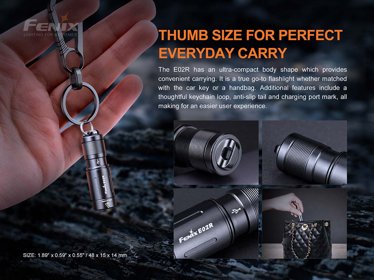 fenix e02r rechargeable edc flashlight size