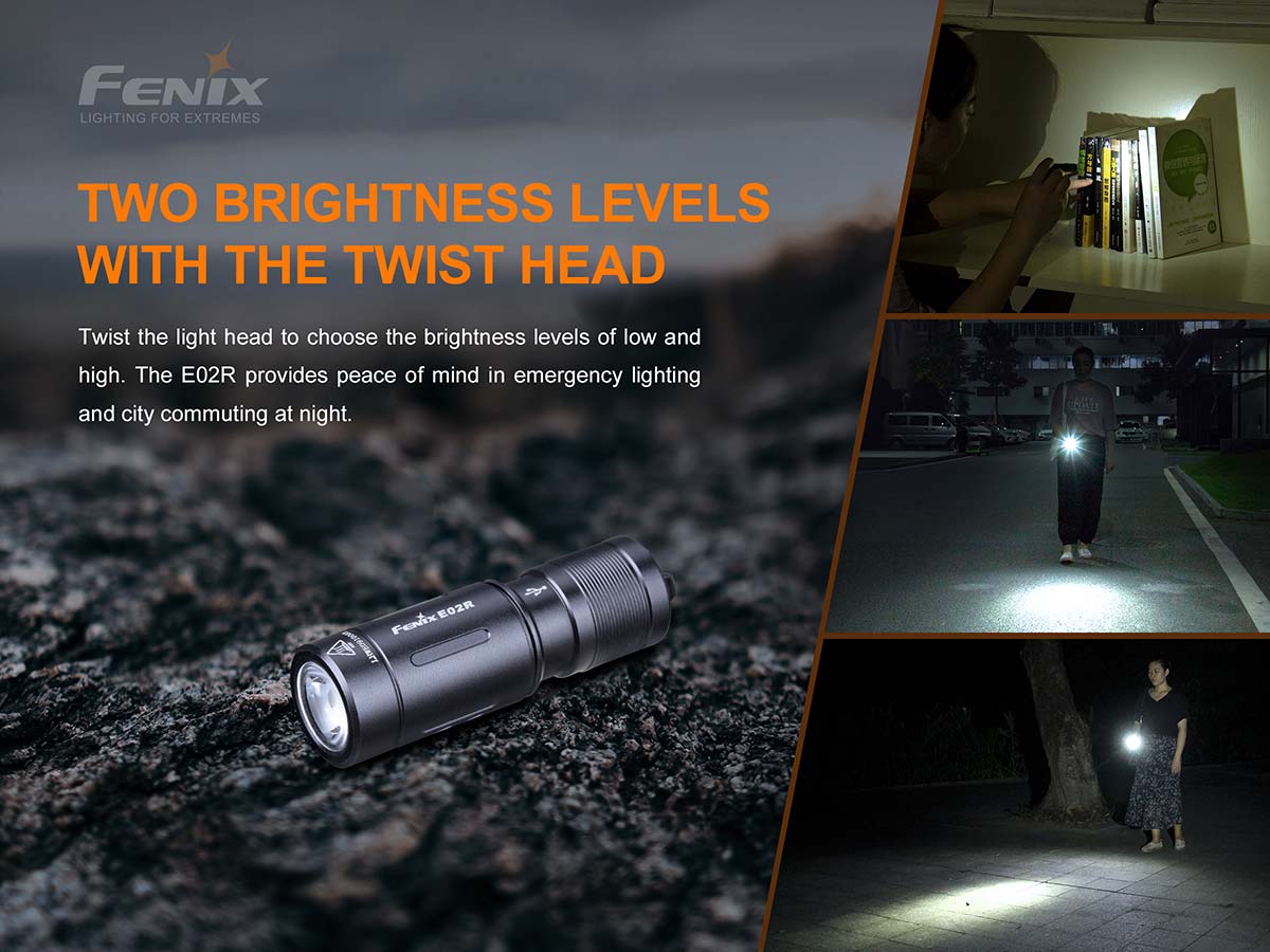 fenix e02r rechargeable edc flashlight levels