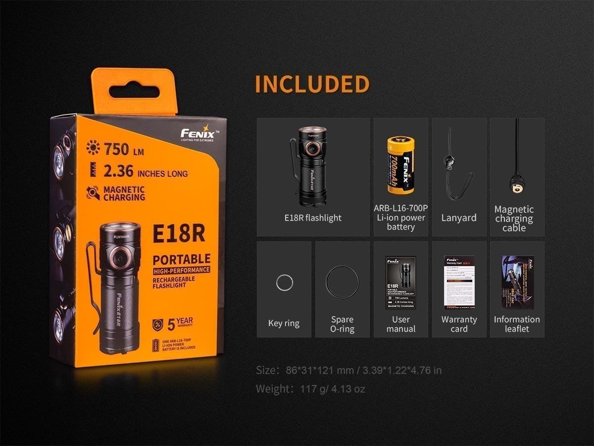 fenix e18r 750 lumen ultra-compact high perfomance rechargeable edc flashlight Fenix E18R Rechargeable EDC Flashlight