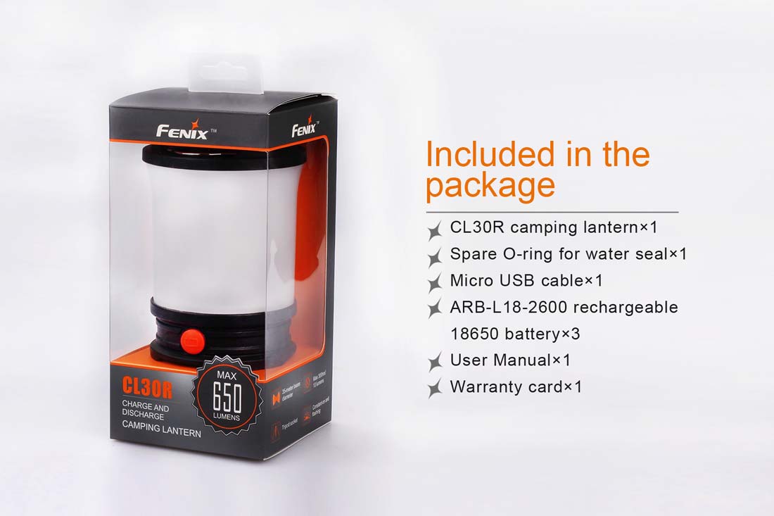 Fenix CL30R Rechargeable Lantern Items inlcuded