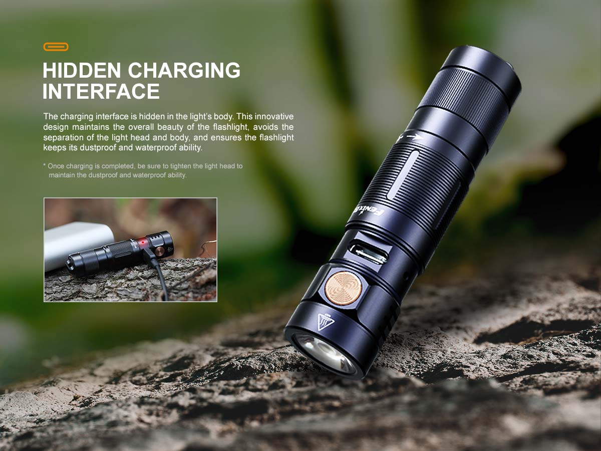 fenix e09r rechargeable edc flashlight charging port