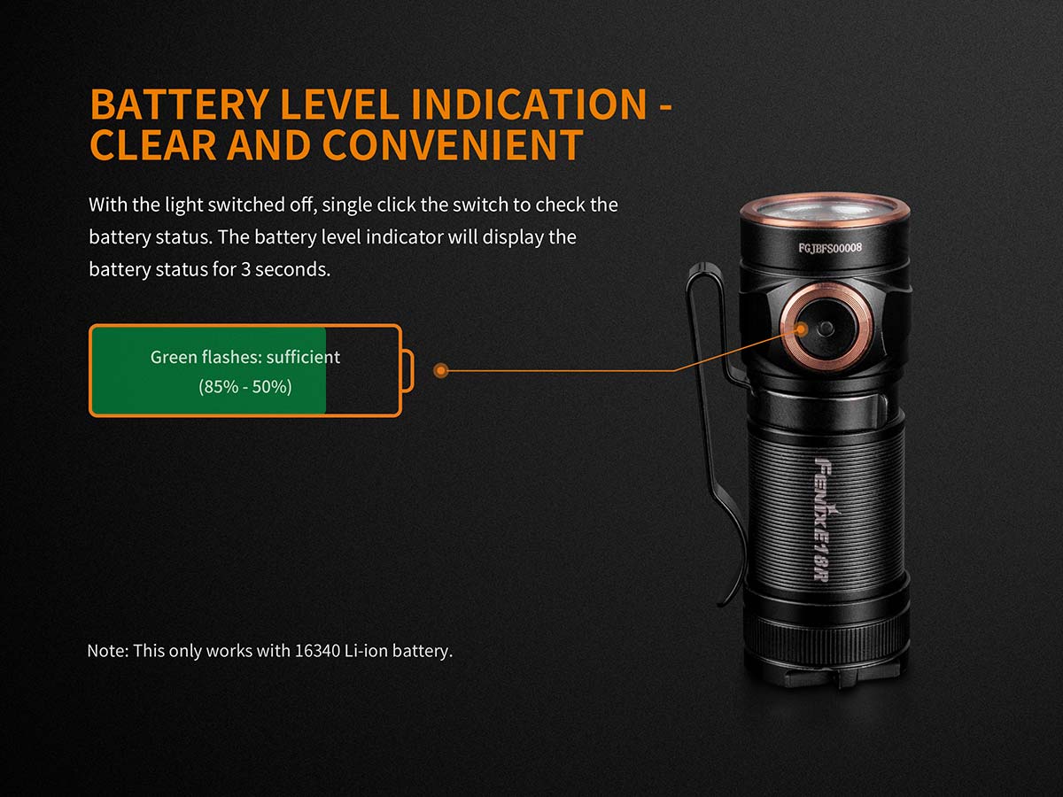 fenix e18r edc rechargeable flashlight battery level indicator
