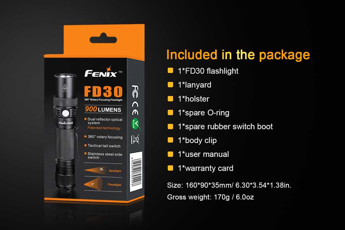 fenix fd30 focusable flashlight included package