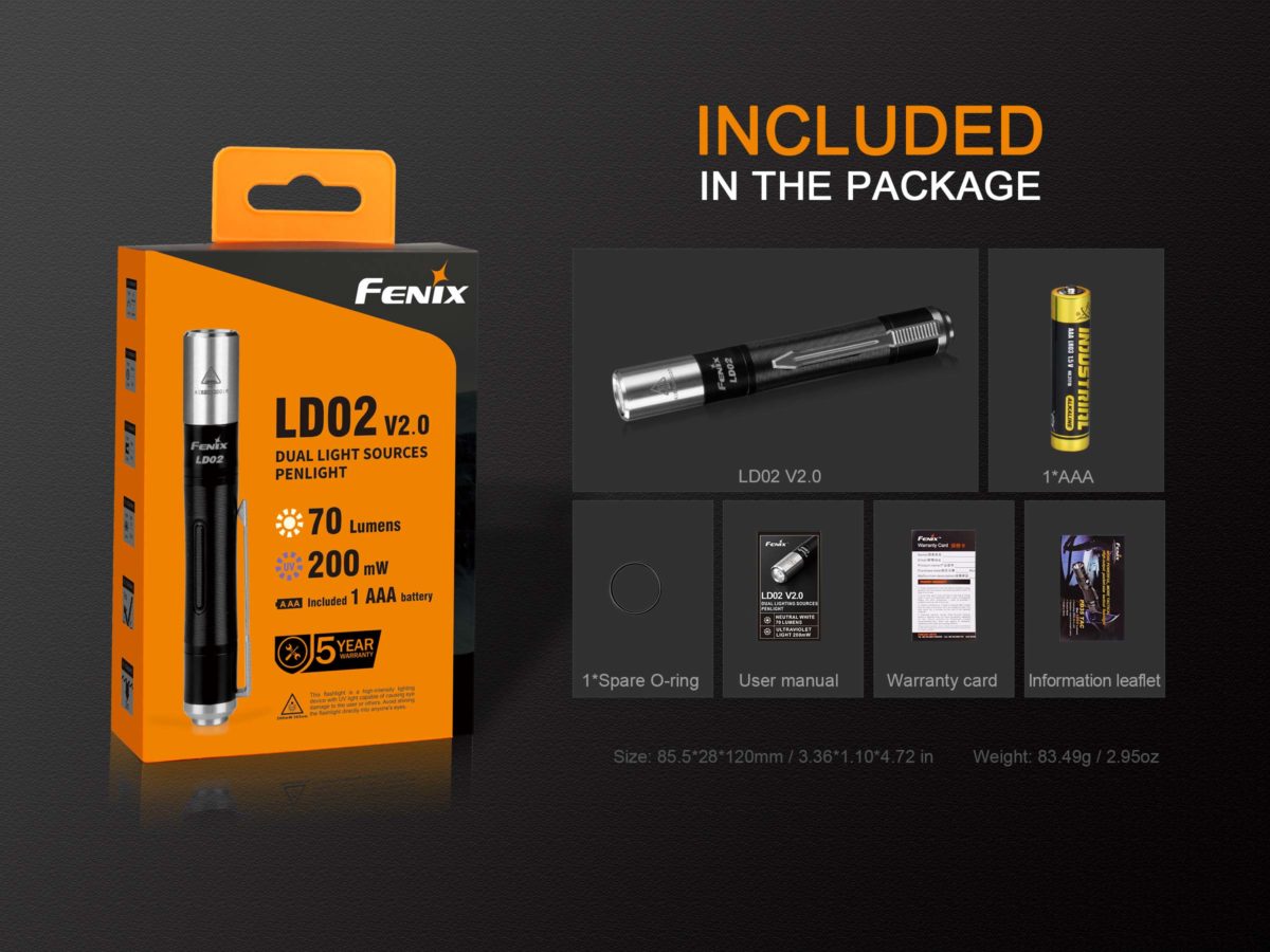 Fenix LD02 V2.0 EDC Penlight included package