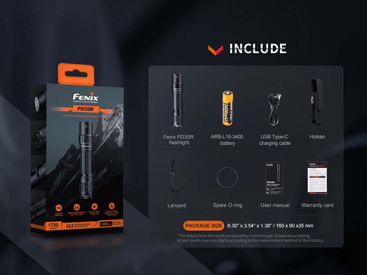 fenix pd35r rechargeable flashlight included package