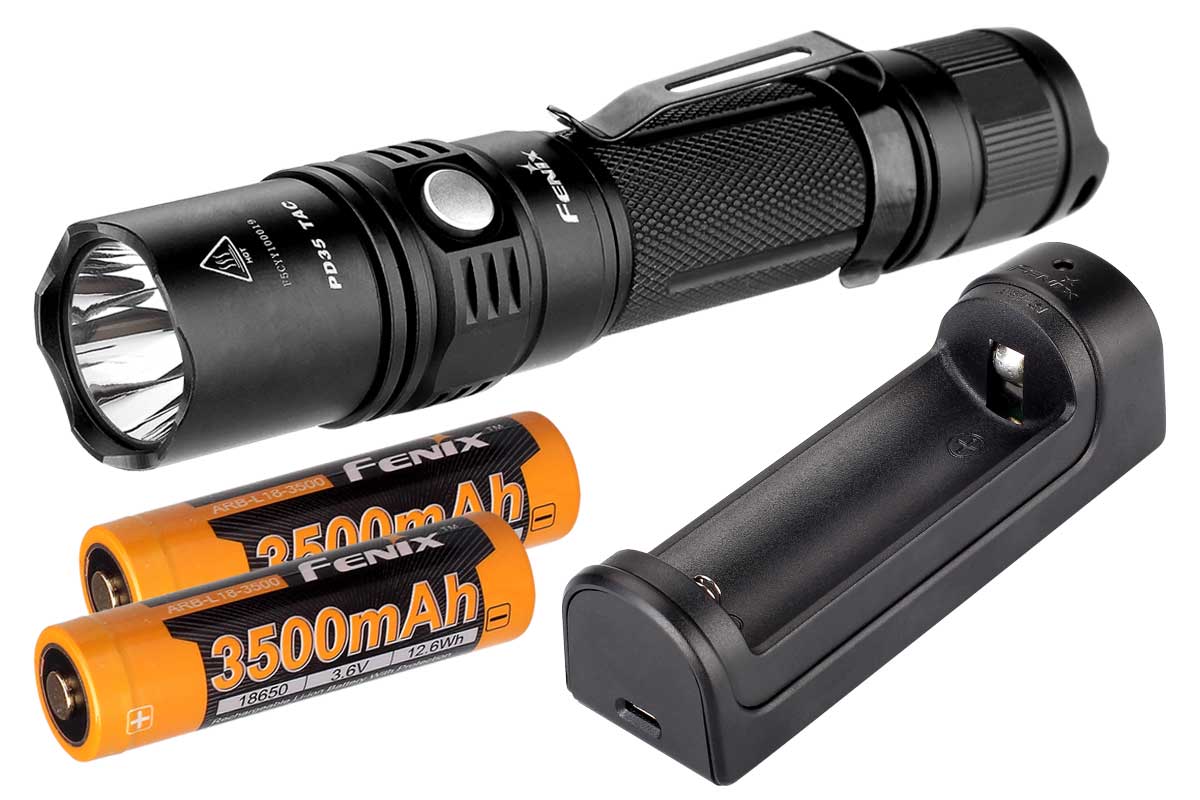 Fenix PD35TAC Flashlight 1 bay charger with two 3500 18650 batteries