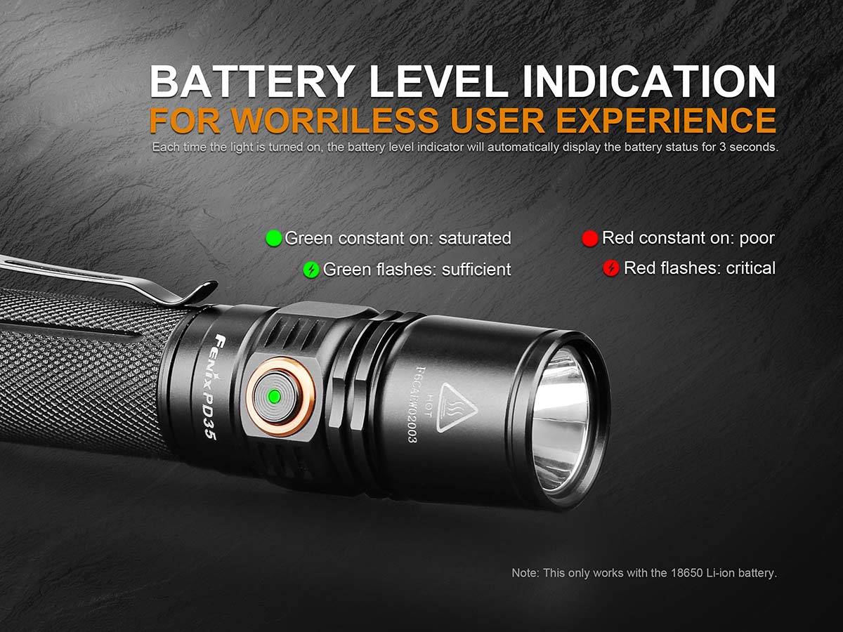 fenix pd35 LED flashlight battery level indicator
