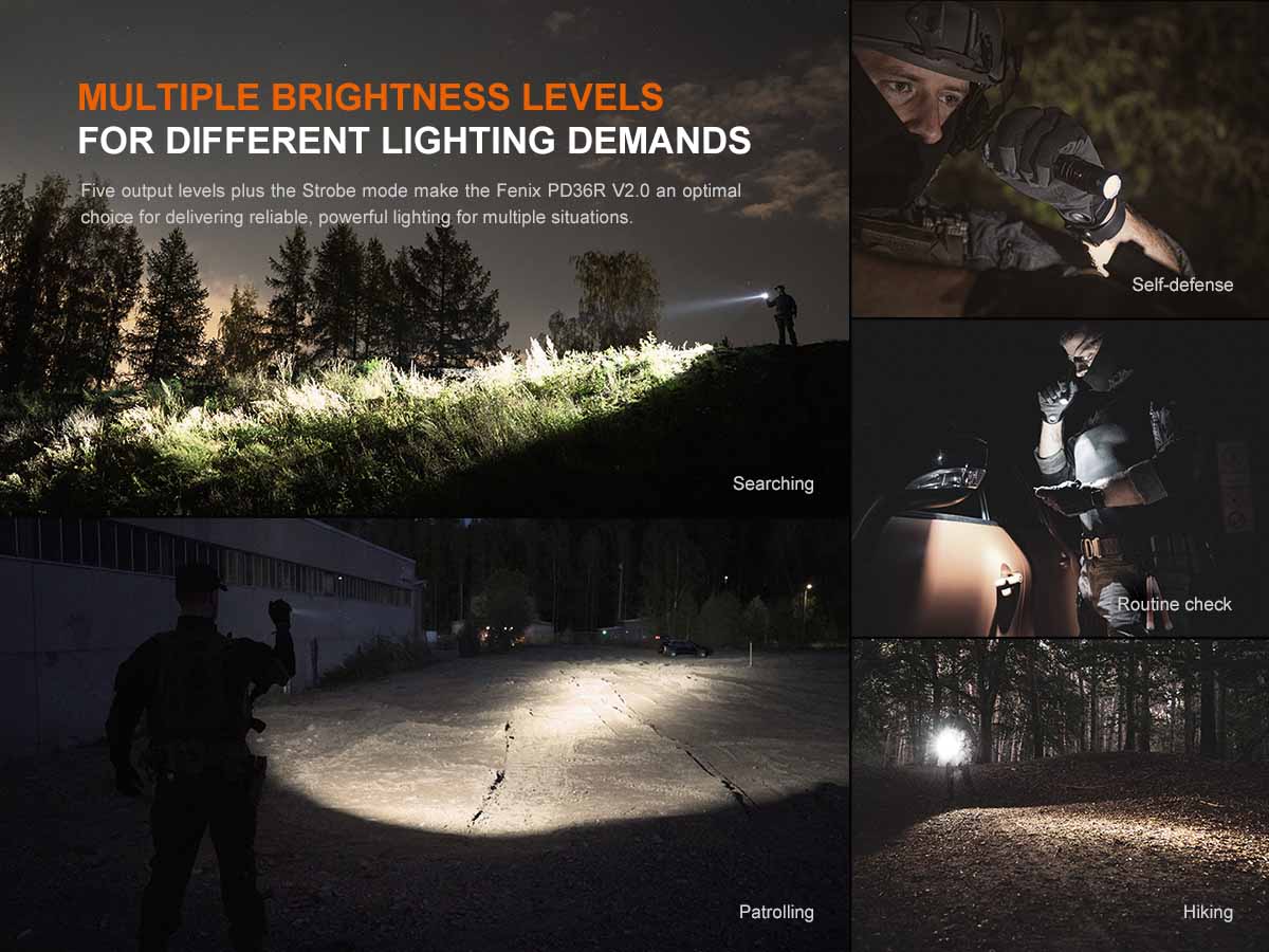 fenix pd36r v2.0 rechargeable flashlight brightness levels