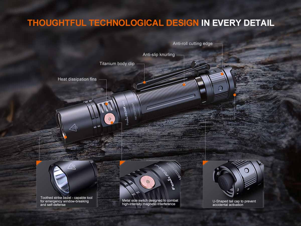 fenix pd36r v2 rechargeable flashlight design details