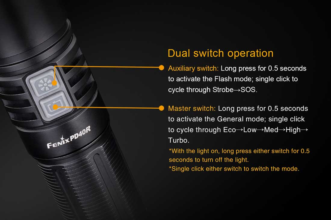 fenix pd40r rechargeable flashlight dual switches