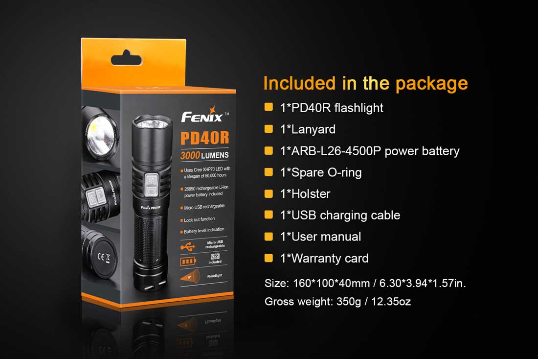 fenix pd40r rechargeable flashlight included package