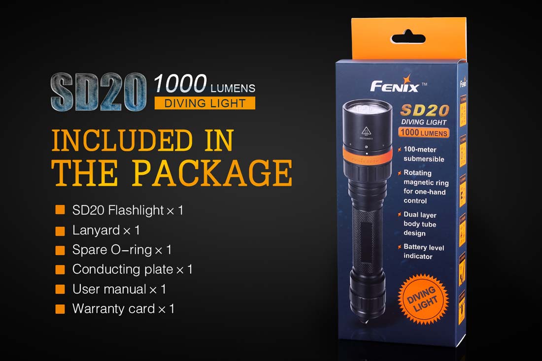 fenix sd20 diving flashlight included in package
