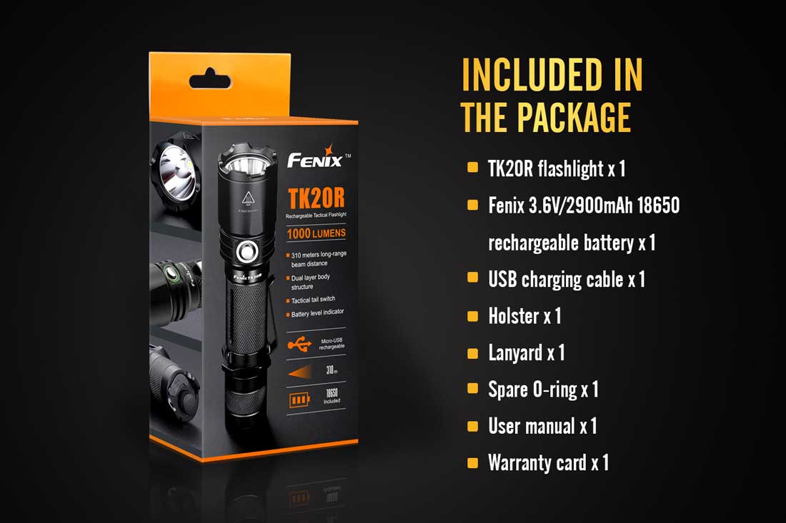 fenix tk20 rechargeable flashlight included package