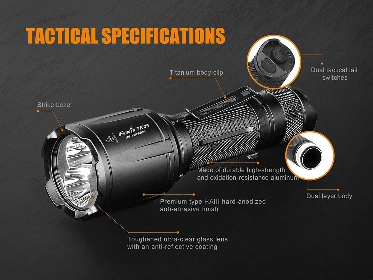 fenix tk25 uv flashlight features