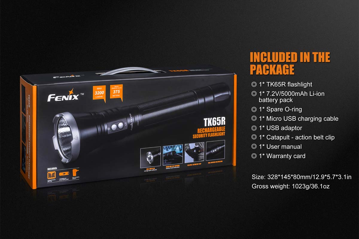 fenix tk65r rechargeable security flashlight included package