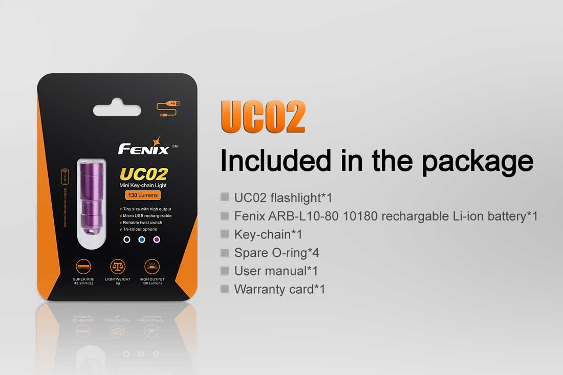 fenix uc02 keychain rechargeable flashlight included package