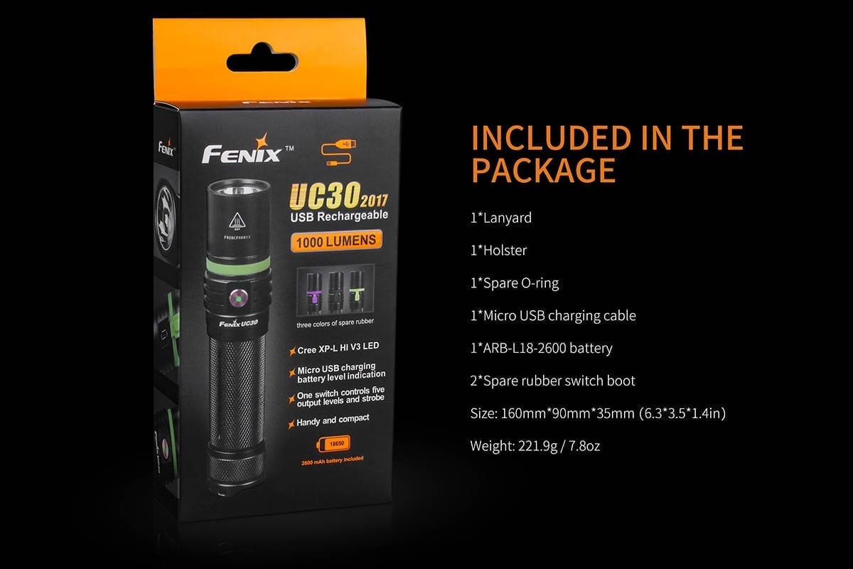 fenix uc30 rechargeable flashlight packaging