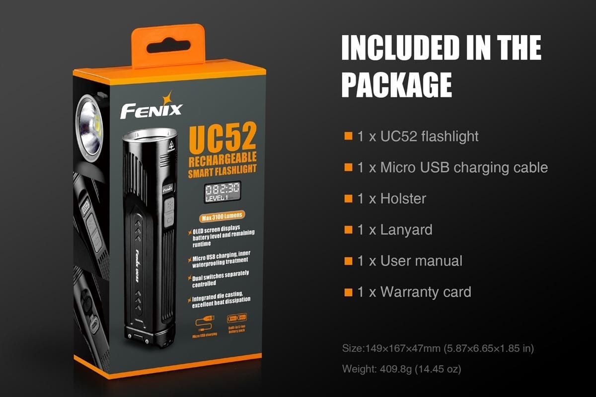 fenix uc52 rechargeable flashlight package included