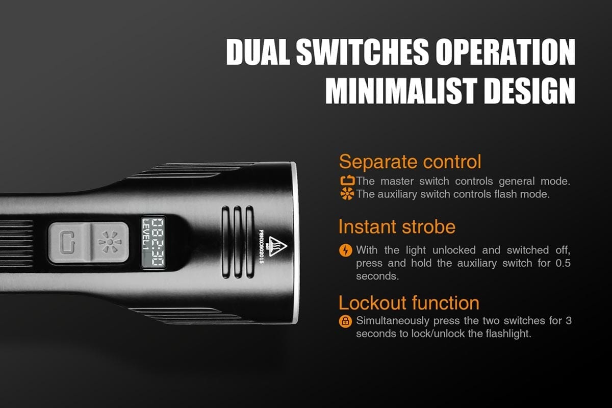 fenix uc52 rechargeable flashlight dual switches