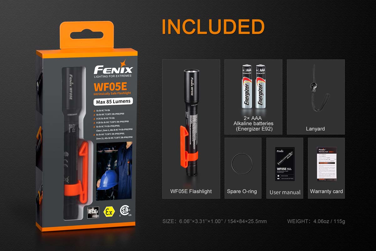 fenix wf05e intrinsically safe flashlight include package