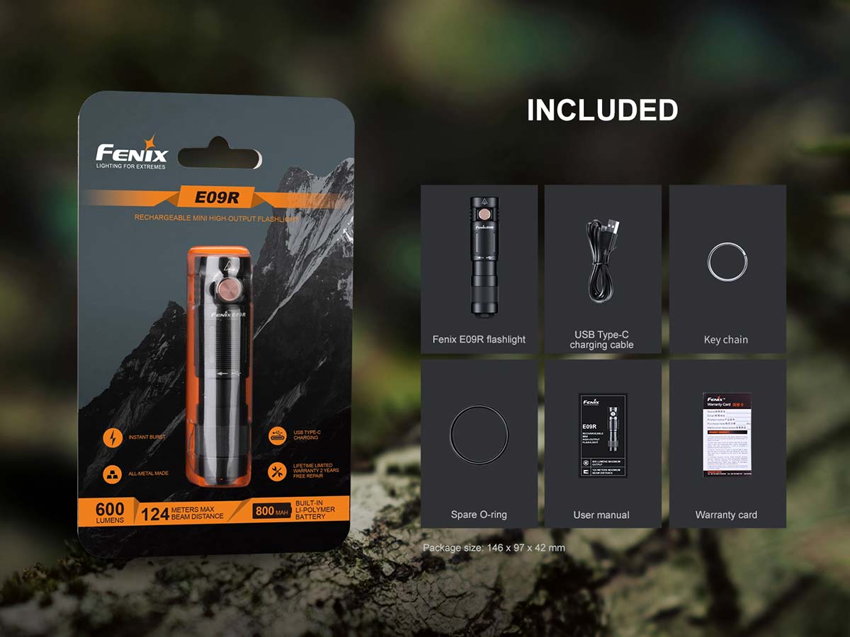 fenix e09r rechargeable edc flashlight side included