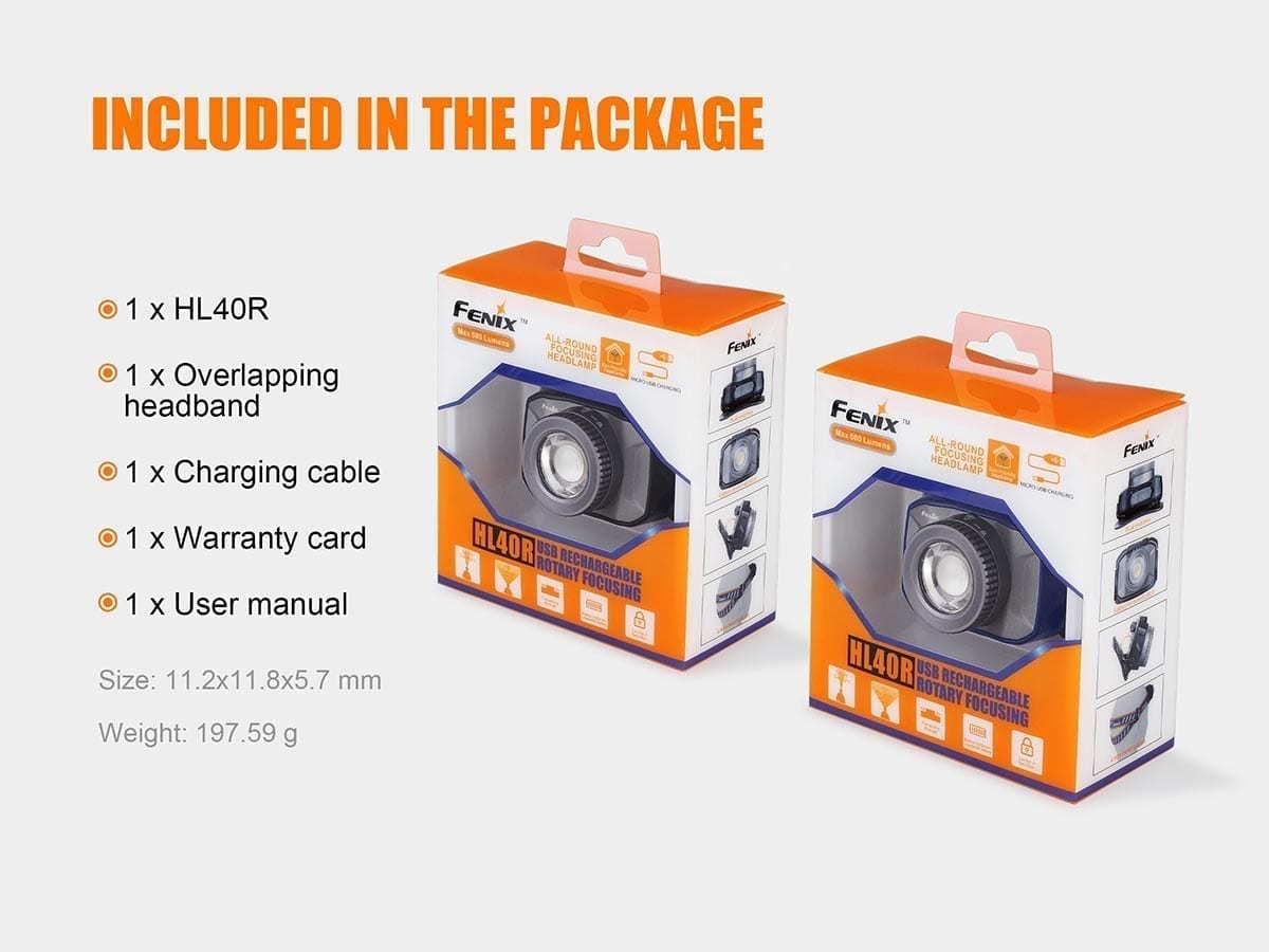 fenix hl40r focusable rechargeable headlamp package