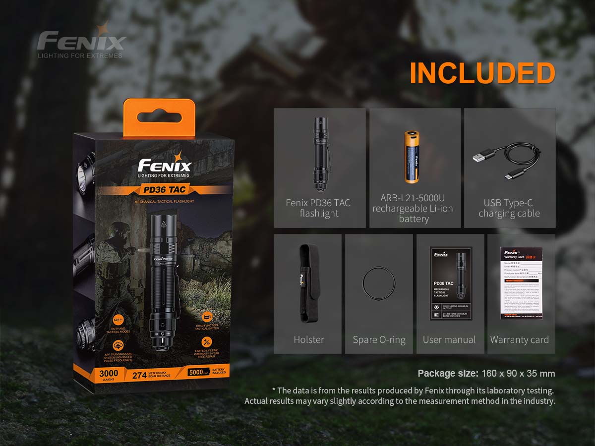 fenix pd36 tac tactical flashlight included