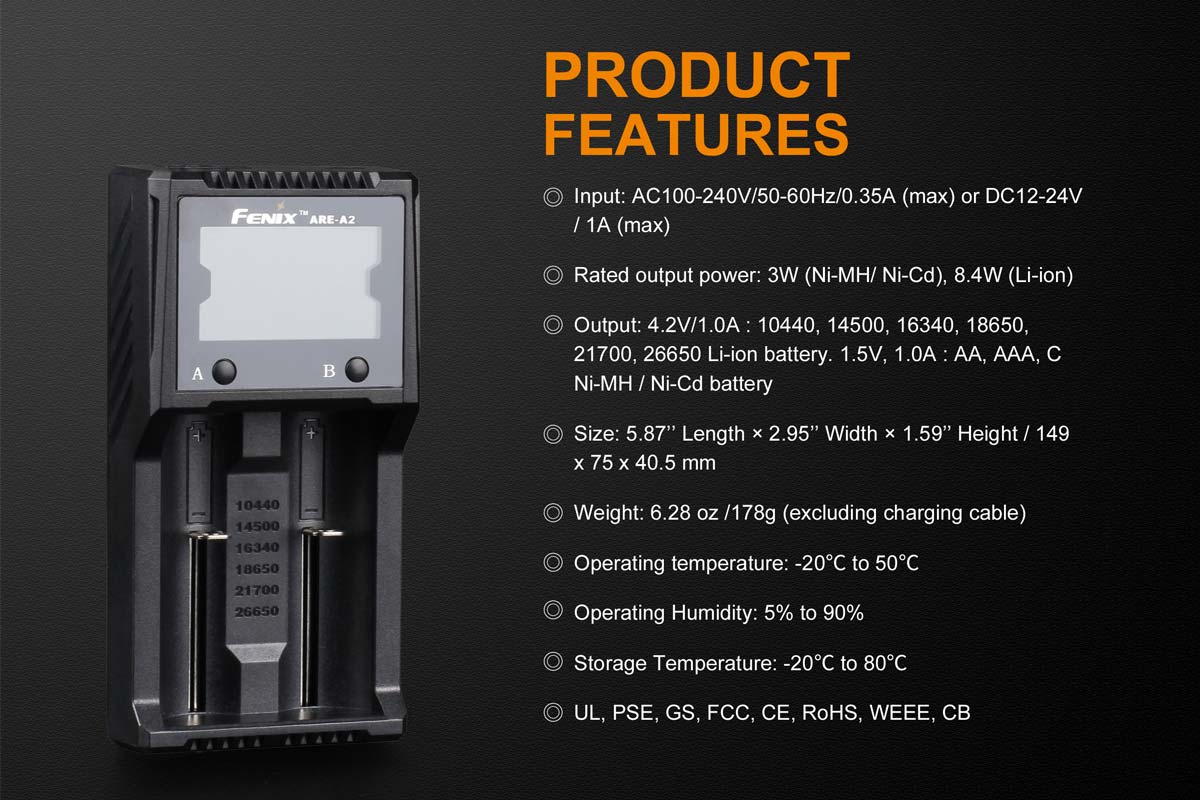 fenix are-a2 battery charger features
