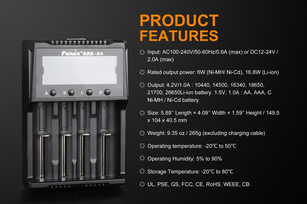 fenix battery charger are-a4 features
