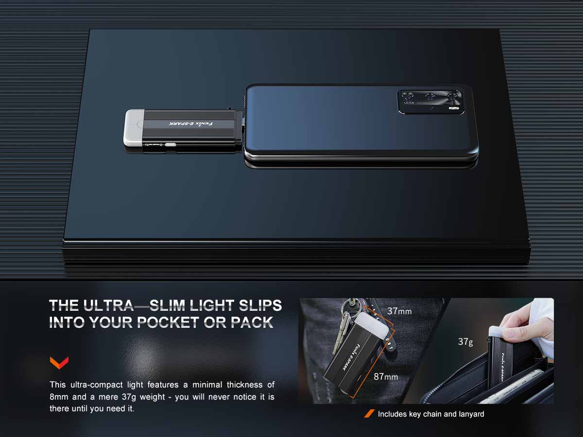 fenix E-SPARK keychain flashlight power bank size phone