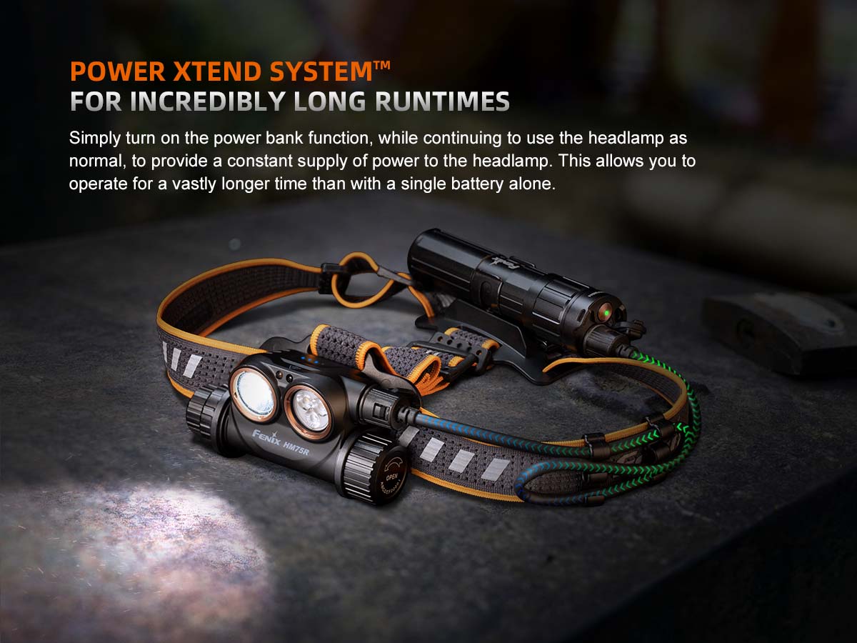 fenix hm75r rechargeable headlamp power bank extend runtimes