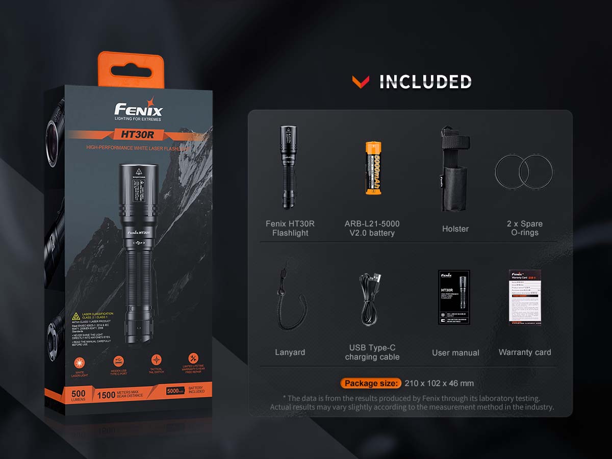 fenix ht30r rechargeable white laser flashlight included package