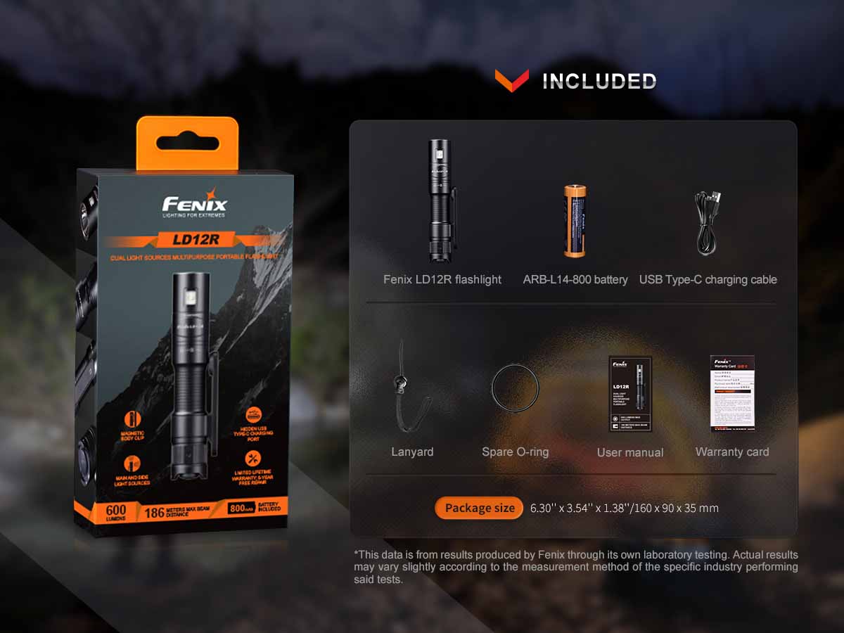 included package fenix ld12r rechargeable edc flashlight