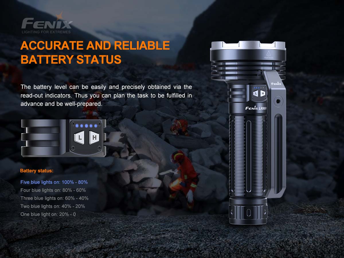 fenix lr80r flashlight 18000 lumen spotlight battery level