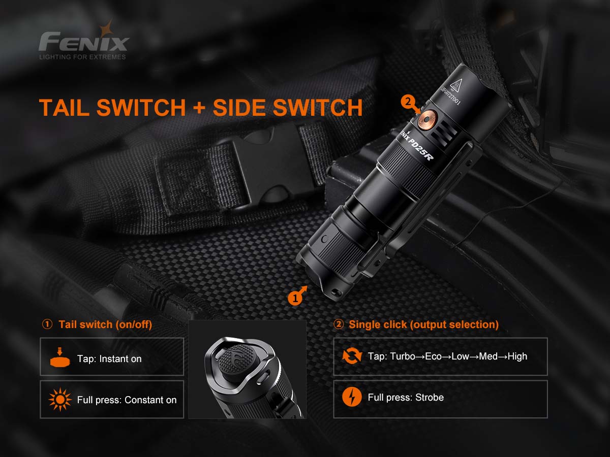 fenix pd25r rechargeable edc flashlight switch