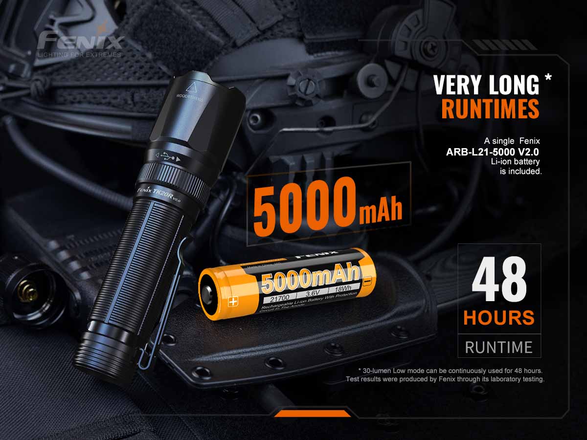 Fenix TK20R V2.0 Rechargeable Tactical flashlight has 48 hours of runtime