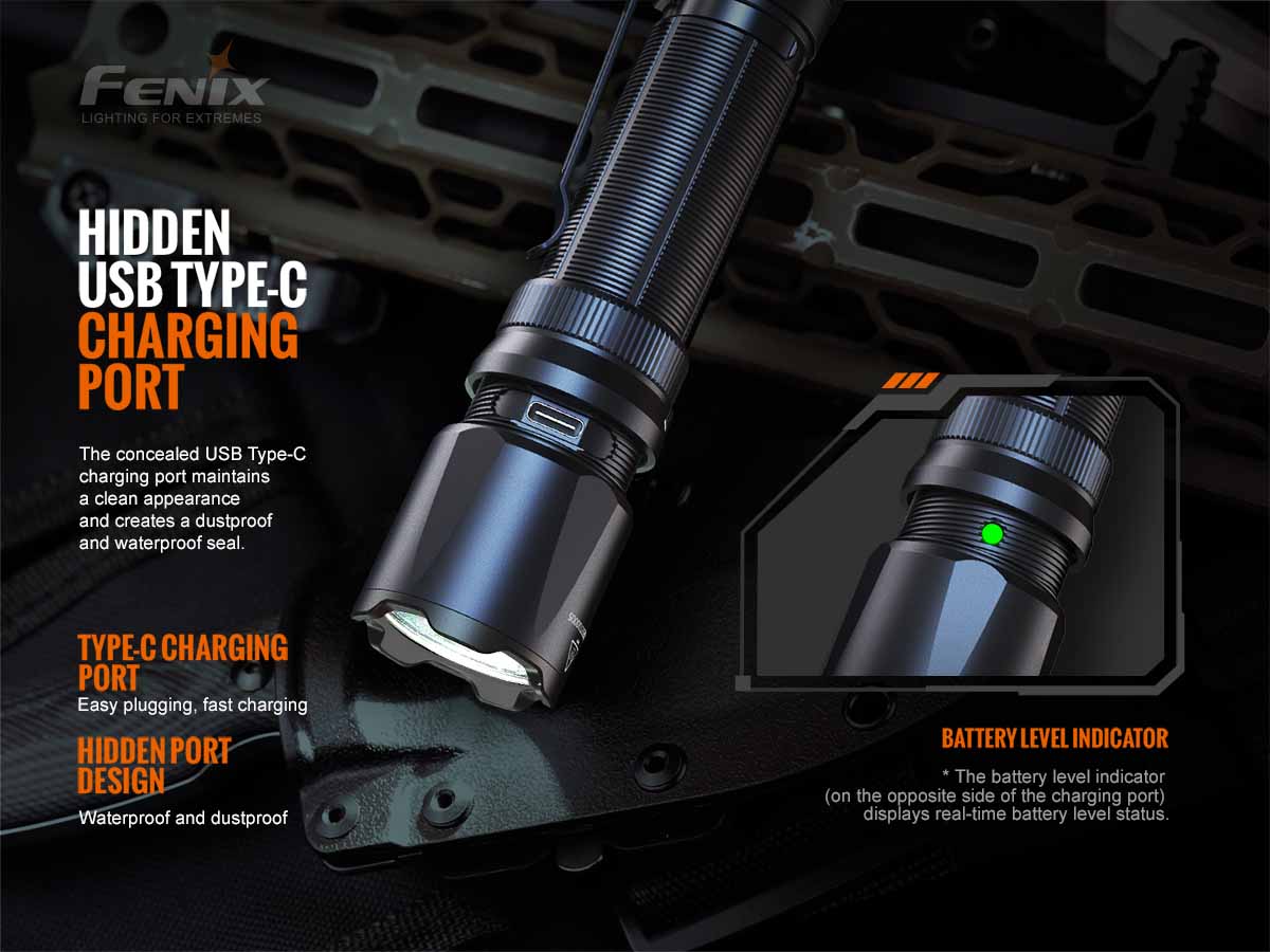 fenix tk20rv2 rechargeable tac flashlight recharge port